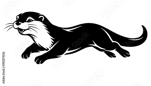 black graphic illustration of a playful otter. This minimalist line art features a stylized otter in a dynamic, low-profile pose, capturing its sleek body and friendly facial expression.