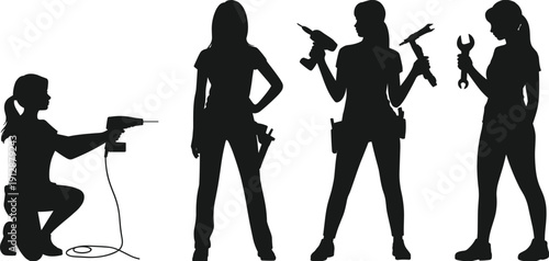 Female construction worker silhouettes, women with tools, industrial labor profession set, isolated black figures