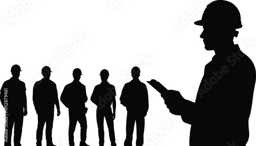 Construction supervisor silhouettes with team, project inspection on site, industrial profession, isolated black figures