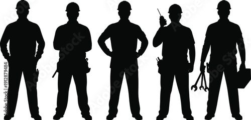 Construction technician silhouettes, workers with tools and radio, industrial labor profession, isolated black figures