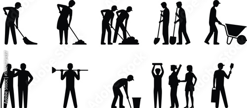 Construction labor silhouettes set, workers digging cleaning carrying, industrial profession collection, isolated black figures