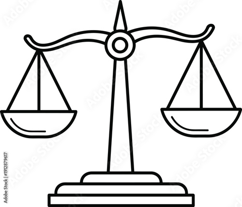 Justice scales balance icon symbolizing law fairness equality and legal judgment isolated on white background minimal outline illustration for court ethics concept