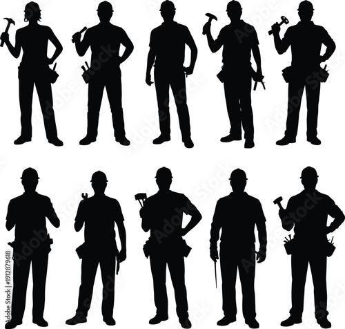 Construction worker silhouettes set, builders holding tools, industrial labor profession, isolated black figures