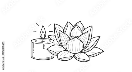 Elegant hand drawn lotus flower with candle for meditation and relaxation practices