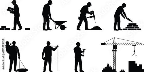 Construction worker silhouettes set, builders laying bricks drilling, industrial labor profession, isolated black figures