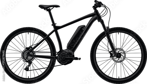 Modern electric mountain bike isolated on white background showing battery motor and frame design, eco friendly transportation, urban commuting, outdoor cycling technology concept