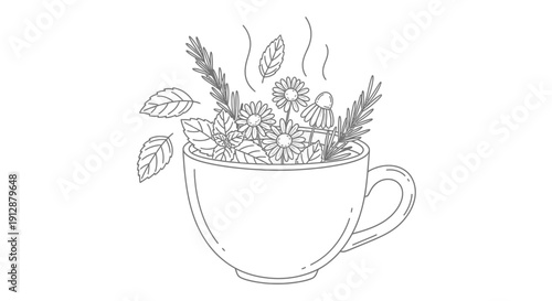 Minimalist line art illustration of herbal tea with flowers and herbs in a cup for wellness and