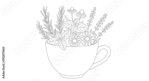 Elegant line art illustration of herbs and flowers in a teacup for wellness concepts