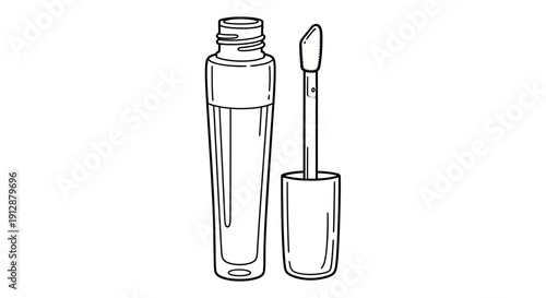 Elegant outline illustration of lip gloss bottle and applicator, isolated on white background,