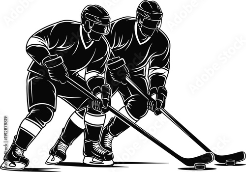 Two ice hockey players in action silhouette competing for puck during intense game isolated on white background, teamwork, speed, power, winter sport concept