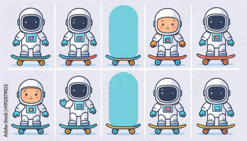 Illustration of an astronaut icon playing skateboard in flat color with a plain background. 