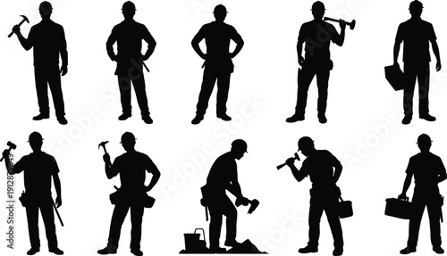 Construction worker silhouettes set, builders with hammer toolbox, industrial labor profession, isolated black figures