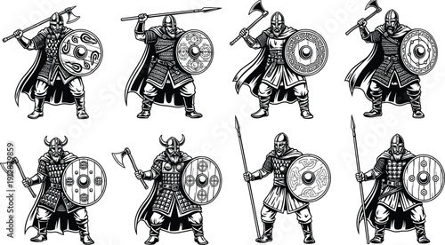 Viking warrior silhouettes with axes spears and shields in different battle poses isolated on white background, medieval Nordic fighters, ancient combat illustration set