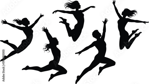 Jumping dancers silhouette collection, energetic people leap poses vector, modern fitness dance concept illustration, isolated black human action figures