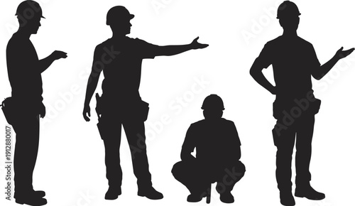 Construction worker silhouettes, builders discussing project on site, industrial labor profession, isolated black figures