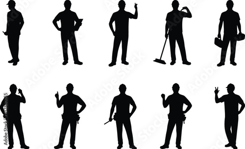 Construction worker silhouettes, builders gesturing with tools, industrial labor profession, isolated black figures