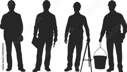 Construction worker silhouettes, builders with tools and bucket, industrial labor profession, isolated black figures