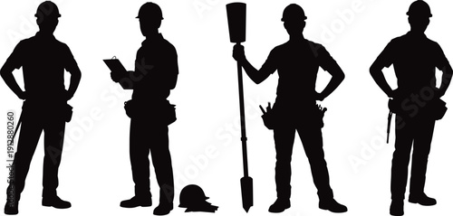 Construction worker silhouettes, builders with tools and clipboard, industrial labor profession, isolated black figures