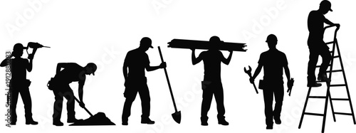 Construction worker silhouettes, builders with tools and ladder, industrial labor profession, isolated black figures