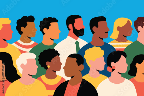 Diverse group of people standing together on bright blue background, symbolizing unity, inclusion, and multicultural community in modern flat illustration.