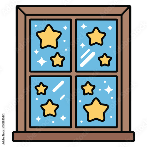 Cute cartoon window showing blue night sky with stars, sweet dreams and bedtime vector illustration