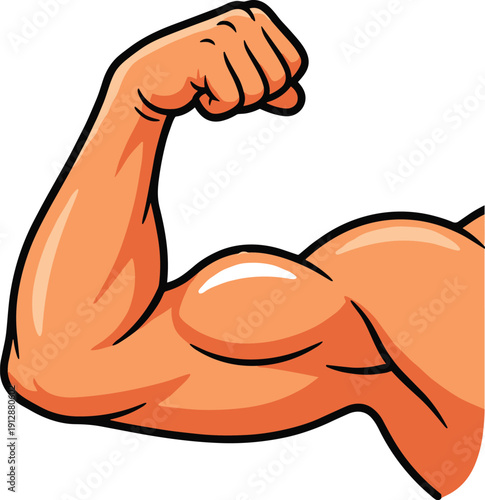 Strong flexing muscular arm cartoon vector illustration, fitness bodybuilding concept, powerful athlete bicep symbol isolated graphic design for sports branding