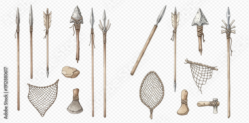 Set of ancient hunting and fishing tools including spears, arrows, nets, and axes on a transparent background.