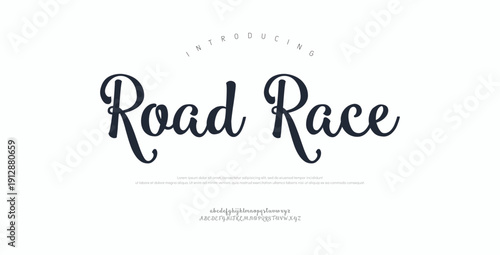 Road Race, vScript luxury wedding alphabet letters font with tails. Typography elegant classic serif fonts and number decorative vintage retro concept for logo branding. vector illustration
