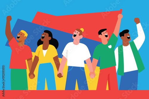 Five diverse people holding hands and raising fists, colorful clothing with abstract shapes behind, symbolizing unity, empowerment, and collective action.