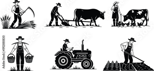 Vintage farming silhouettes showing traditional agriculture activities with farmers livestock tools and tractor isolated on white background, rural life, harvest, countryside work illustration