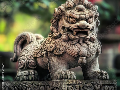Wallpaper Mural Ancient stone foo dog statue guarding temple entrance with intricate detailed carvings Torontodigital.ca
