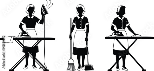 Vintage housemaid silhouettes cleaning and ironing clothes, classic domestic service illustration showing ironing board, broom, dustpan, housekeeping work, retro female worker characters isolated 