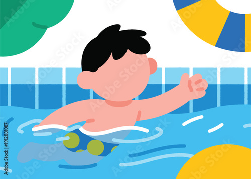 Cartoon of a little boy swimming in the pool Illustrator Artwork Creative Design Template 