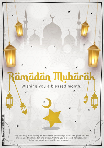 Ramadan Mubarak White and Gold Elegant Greeting Card, Islamic Holy Month Luxury Poster with Golden Lanterns, Clean Ramadan Kareem Template with Mosque Silhouette and Moon, Minimalist Islamic Backgroun