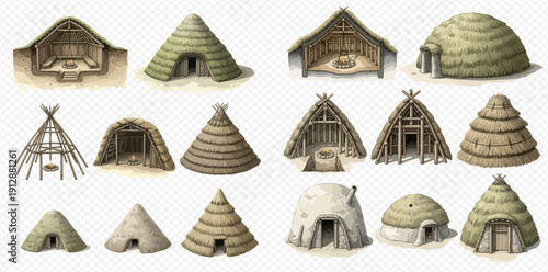 Set of various ancient and prehistoric dwellings, including huts, shelters, and early houses, showcasing historical architecture.