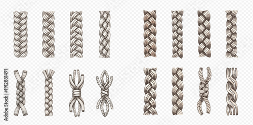 Set of realistic braided ropes, cords, and plaits in various patterns and textures on a transparent background.