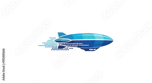 Blue Blimp Airship Flying Fast with Digital Pixel Trail.