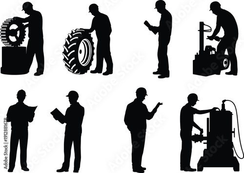 Industrial worker silhouettes set, mechanics and technicians, manufacturing profession, isolated black figures