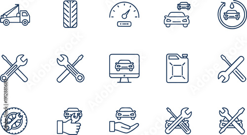 Automotive service and car maintenance line icon set with repair, diagnostics, insurance, and vehicle support symbols