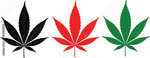 Cannabis leaf vector set in black, red, and green colors isolated on white background for design use