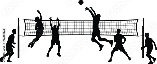 Volleyball players silhouette, team sport action at net, athletic competition, isolated black figures