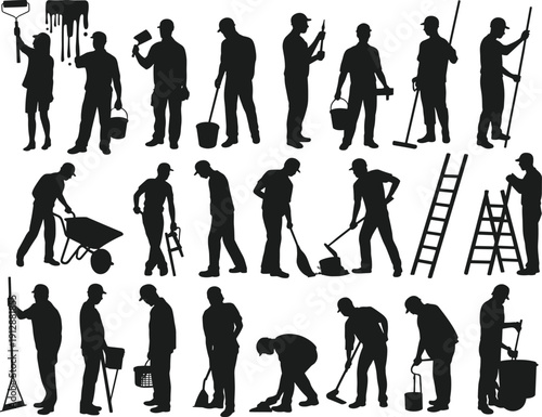 Worker silhouettes set, cleaning painting maintenance labor, industrial profession collection, isolated black figures