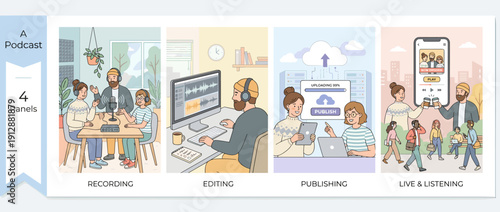 Set of 4 Vector Illustrations of Podcast Production: Recording in Studio, Audio Editing on Computer, Publishing to Cloud, and Audience Listening on Mobile Devices in Modern Flat Design Style.