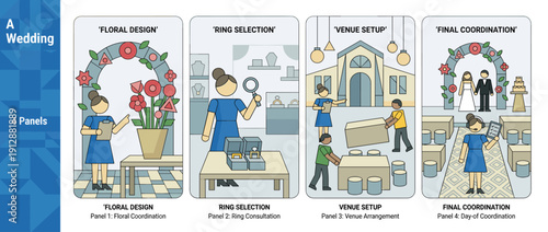 Wedding Planner Service Infographic Set Featuring Floral Design, Ring Selection, Venue Setup, and Final Day-of Coordination for Marriage Ceremonies in a Modern Geometric Flat Vector Illustration.