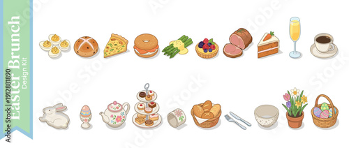 Isometric Vector Icon Set of 20 Easter Brunch Foods and Tableware featuring Deviled Eggs, Hot Cross Bun, Quiche, Bagel, Ham, Carrot Cake, Mimosa, Coffee, Teapot, Pastries, and Easter Basket.