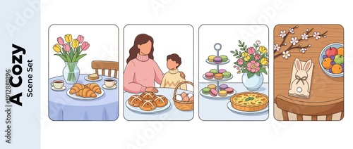 Set of Four Vector Illustrations of a Cozy Easter Brunch Table Setup Featuring Spring Flowers, Tulips, Pastries, Croissants, Hot Cross Buns, Macarons, Quiche, Fruit, and a Mother with Her Child.