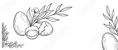Panoramic vector banner illustration of elegant egg line drawings with floral accents on a clean white background, minimalist black and white sketch of whole and cracked eggs with spring branches.