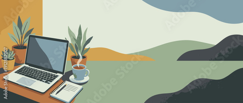 Panoramic vector banner illustration of a modern remote work desk scene featuring a laptop computer, steaming cup of coffee, spiral notebook, and green potted plants on a minimalist background.