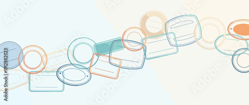 Panoramic vector banner illustration featuring a collection of generic passport stamp shapes and borders, ideal for travel itineraries, tourism backgrounds, and international vacation themes.