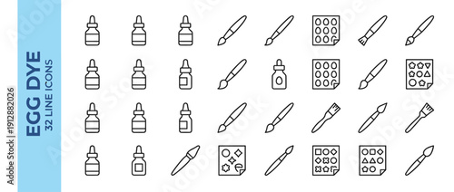 Egg Dye Icon Set Featuring 32 Thin Line Vector Icons of Dye Bottles, Paintbrushes, and Decorative Stickers for Easter Egg Decorating, Crafting, and Creative DIY Projects in a Clean Geometric Style.